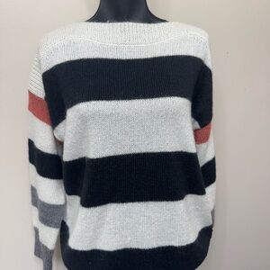 All Saints Women’s Black, White, and Gray Striped Sweater with Red Accent S